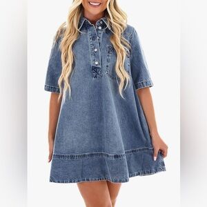 Women’s Denim Polo Baby Doll Dress With Pockets in Washed Blue